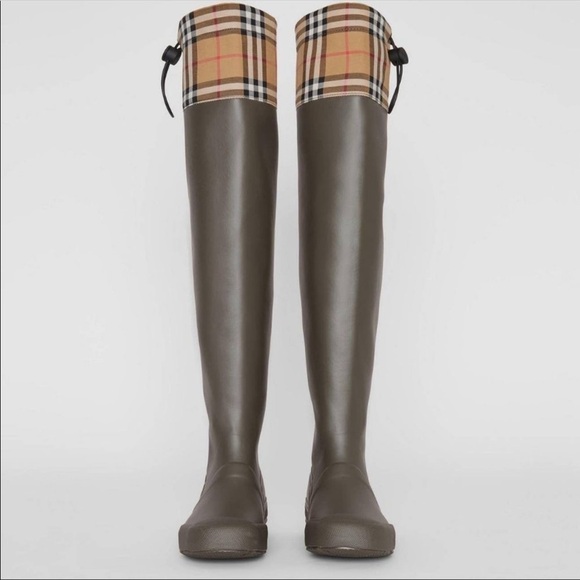 Burberry Olive Knee-High Nova Check Rain Boot - Picture 2 of 13